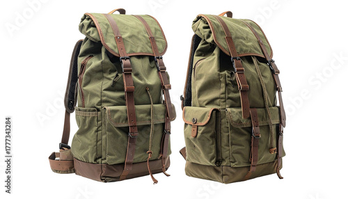 Two olive canvas backpacks with leather straps, side by side