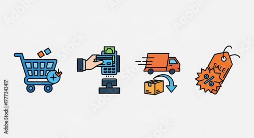 Set of ecommerce icon concept of shopping cart, payment, delivery, and sale for online store and retail business