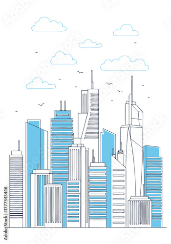 Thin line art vector cityscape of a modern downtown. Urban architectural background concept with skyscraper buildings and blue accents