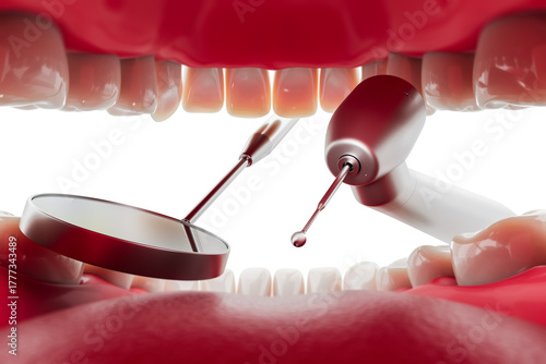 Obraz na plátně Realistic dental examination concept showing inside human mouth with dental mirror and drill tool, isolated on white background