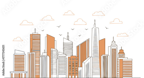 Cityscape Illustration Modern Urban Skyline with Tall Buildings, Clouds, and Orange Accents