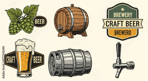 Vintage brewery elements set featuring hops, wooden barrel, metal keg, beer tap, and craft beer labels, ideal for brewery branding and design projects