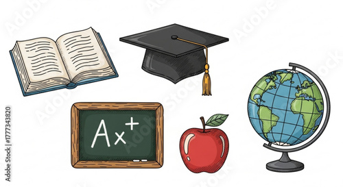 Illustration of school supplies like book, apple, graduation cap, chalkboard, and globe for education and learning