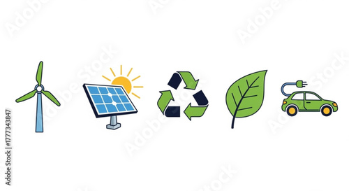 Renewable energy and ecofriendly transportation icons, showcasing wind turbine, solar panel, recycle symbol, leaf, and electric car, promoting sustainability and green living