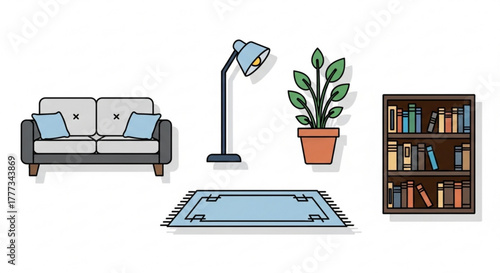 Cozy living room interior with sofa, floor lamp, plant, rug, and bookshelf home decor and furniture vector illustration