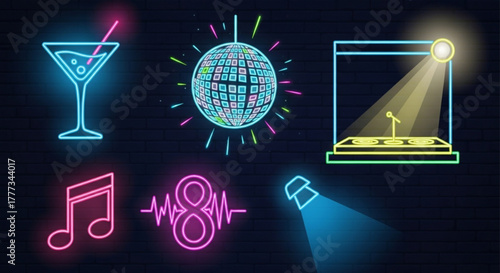 Neon signs of a cocktail, disco ball, stage, music note, sound wave, and spotlight, representing nightlife, entertainment, and music
