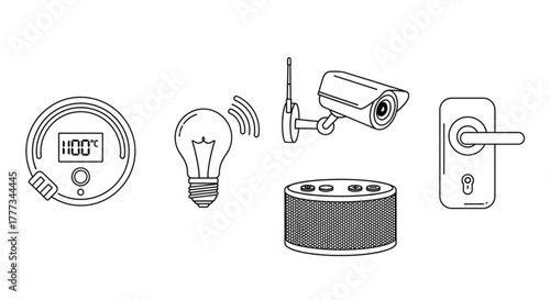 Line art illustration showcasing smart home devices, including a thermostat, light bulb, security camera, speaker, and door lock