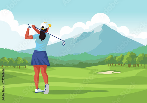 Back view of a woman playing golf, swinging her club on a lush green course with majestic mountains in the distance. Vector graphic illustration c