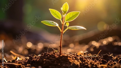 A young sprout emerges from dark soil, bathed in warm sunlight against a blurred green backdrop