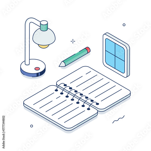 Isometric illustration of a lamp, notebook, and pencil for homework time