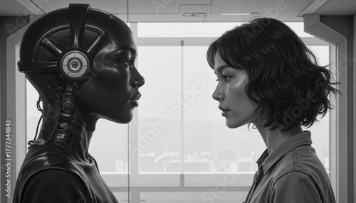 Robot and woman facing each other in a futuristic setting, black and white contrast