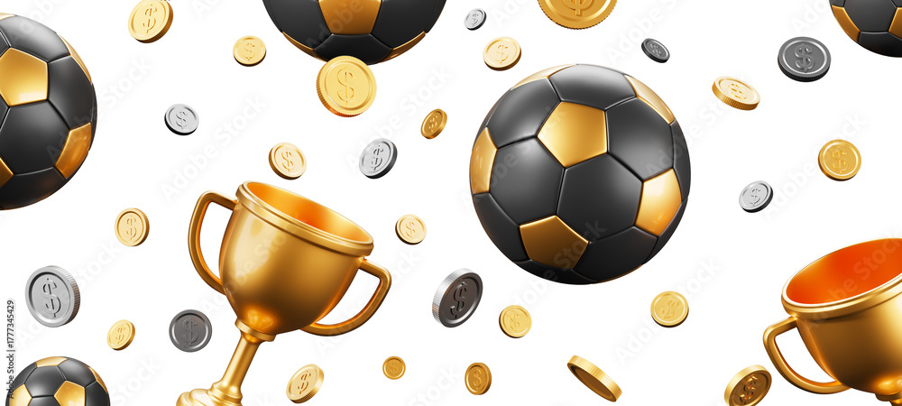 Fototapeta premium Floating golden trophies, stylized soccer balls, and silver-gold coins on white isolated background. Concept of championship rewards. 3D Rendering