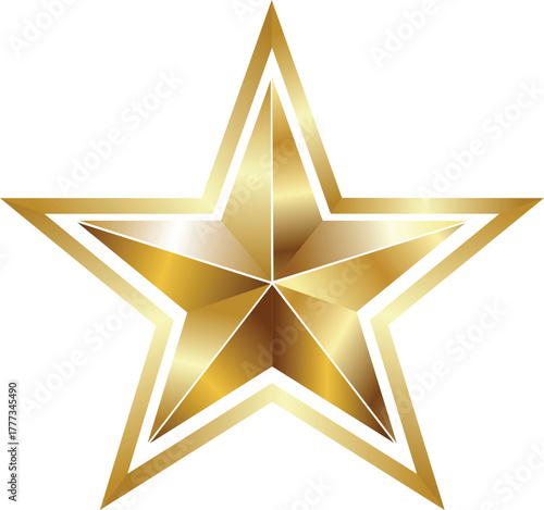 Shiny golden star icon, luxury five point metallic award badge with reflections on white background.