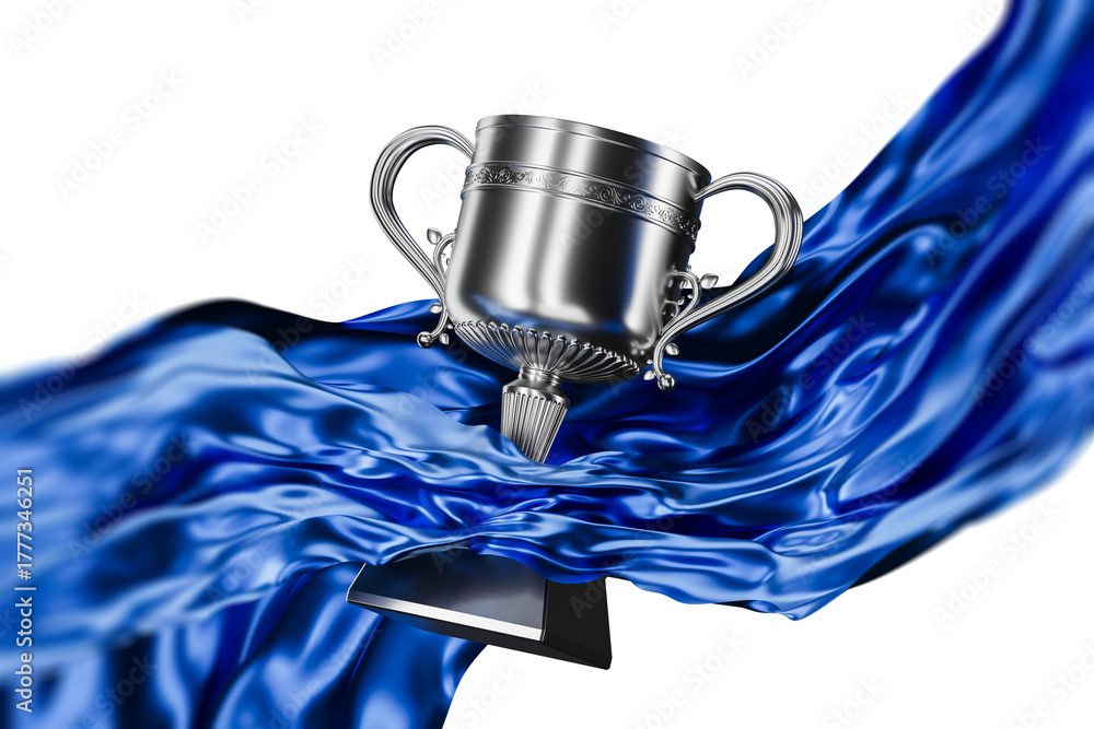 Fototapeta premium Silver trophy cup with decorative handles wrapped in flowing shiny blue silk fabric, 3D Rendering style on white background, luxury award concept