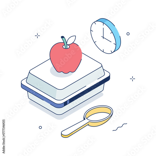 Isometric illustration of lunch box, apple, and school meal during break time