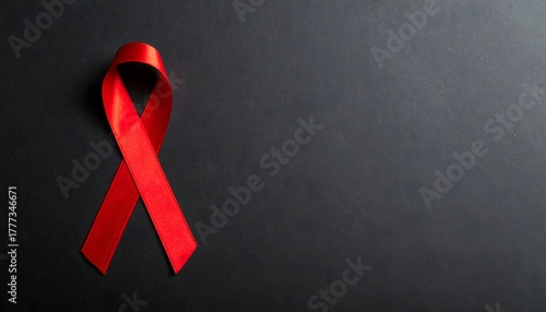 Lazo rojo satinado sobre fondo negro símbolo de prevención, apoyo y esperanza en la lucha contra el VIH y el SIDA