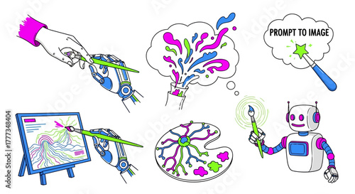 Generative AI Vector Illustrations, creative process from prompt to image for tech and art branding.