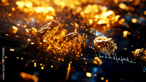 Shimmering gold nuggets on a digital trading platform, symbolizing the purity of natural gold in modern investments
