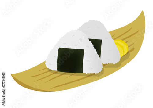 竹の皮に乗った三角形のおにぎりのイメージイラスト
