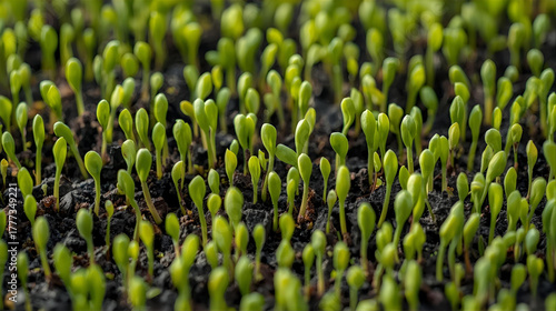 Close-up of tiny green plant sprouts growing densely together on the soil surface.
