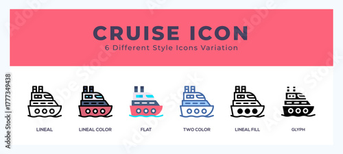 Cruise icon symbol set. outline. glyph black. flat color and filled line color.