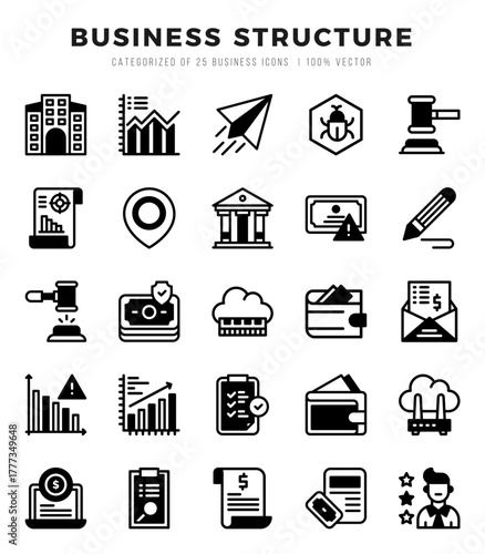 Collection of Business Structure 25 Lineal Filled Icons Pack.