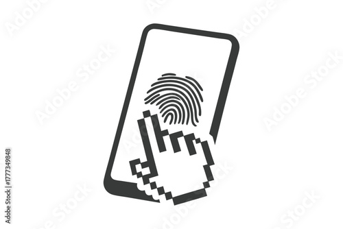 Phone Fingerprint Scan Pixelated Hand Cursor on White Background