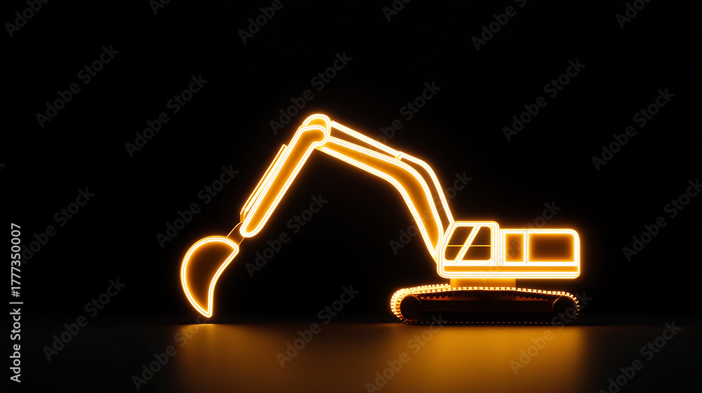 Obraz premium A construction digger glows in the dark, its neon light cutting through the shadows. Highlighting its silhouette against a stark backdrop. It's a striking symbol of industry.