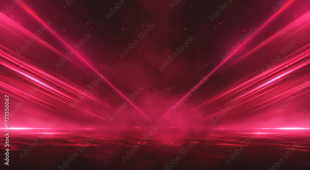 Obraz premium Empty stage with bright red neon lights and smoke. Red spotlights, beams, and glare in a dark, dramatic studio.