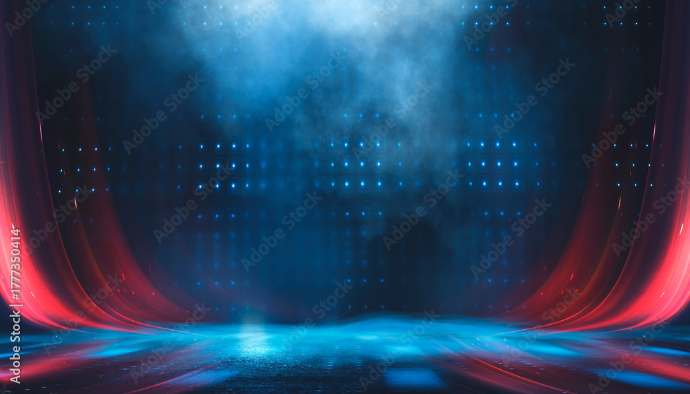 Fototapeta premium Empty stage with red and blue neon lights and smoke. Red and blue spotlights, beams, and glare in a dark studio.