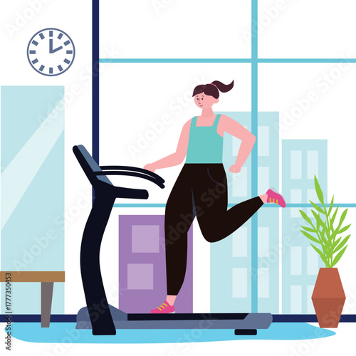 Woman on a treadmill at the gym vector cartoon illustration
