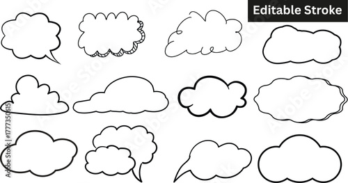 Hand drawn clouds and speech bubbles set. Vector doodle sketch collection of thought bubbles and cloud icons. Editable stroke