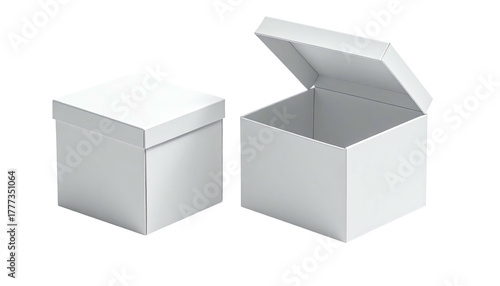 Two white, square boxes, one closed, one with open lid