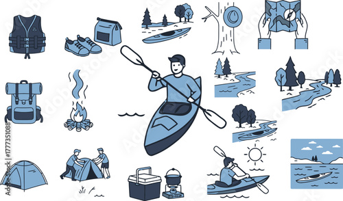 Kayaking and Camping Adventure Icons Set – Outdoor Travel, River, and Nature Exploration Illustration