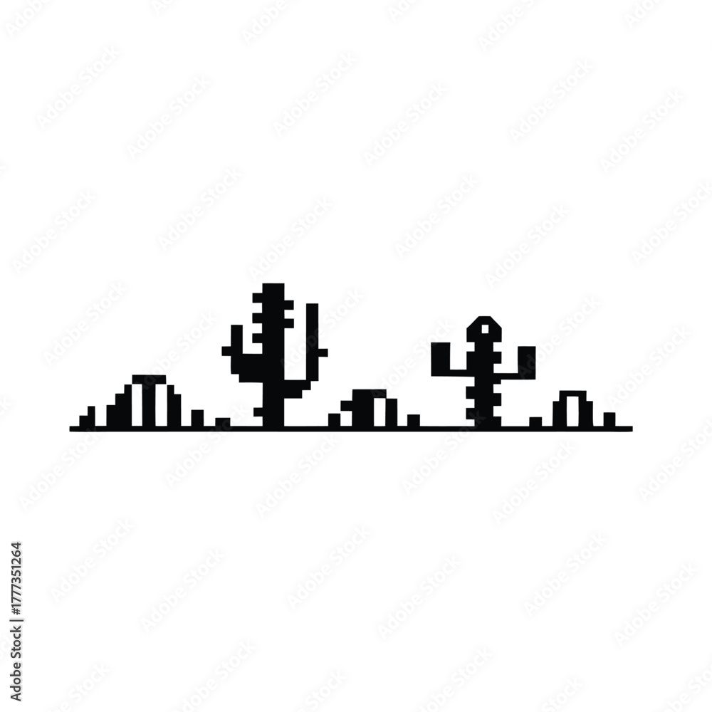 Fototapeta premium Pixel Art Black Cactus Silhouette with Pixelated Ground on White Background