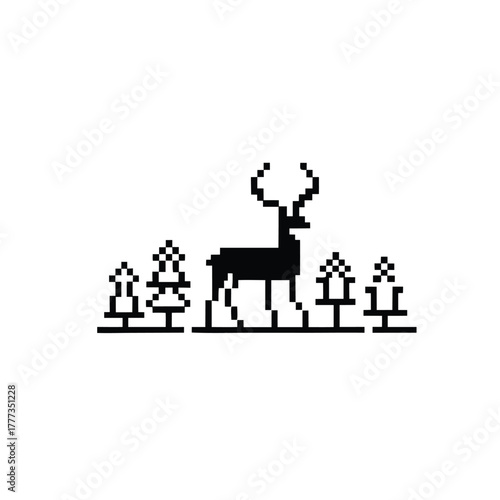 Pixel Art Black Deer Silhouette Standing Among Trees on a White Background