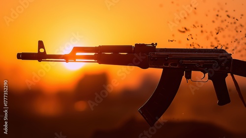 AK-47 silhouette against fiery sunset sky