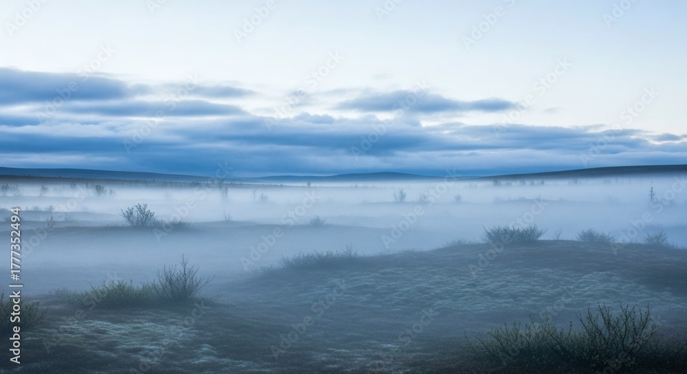 Fototapeta premium Misty landscape, low-lying fog over a plain, with a moody sky, at dawn or dusk