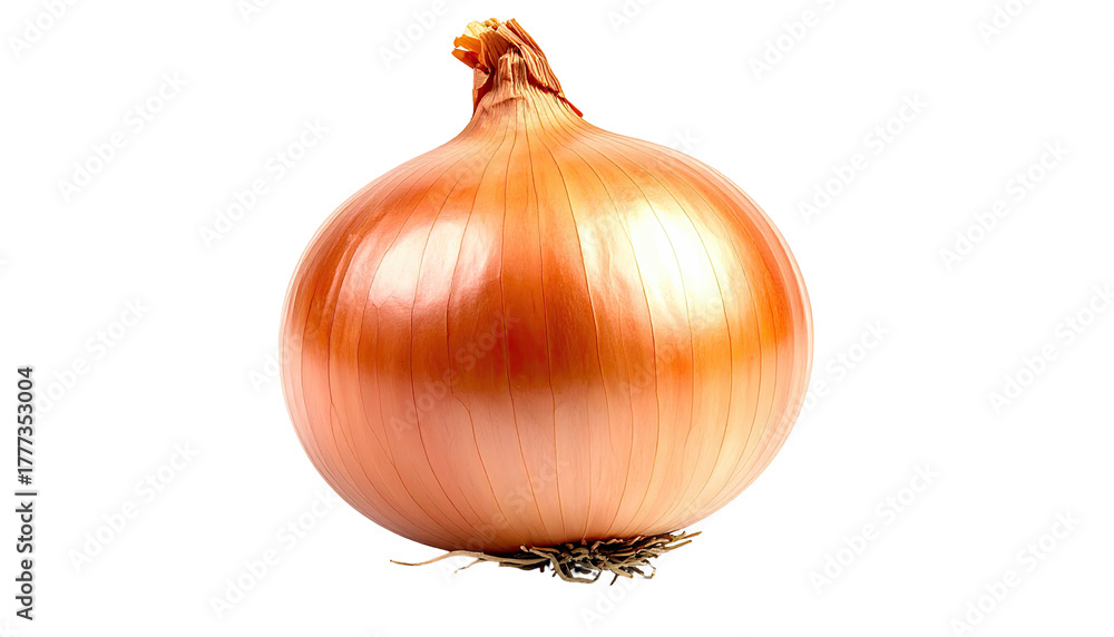 Fototapeta premium Golden bulb onion isolated on black, roots and thin skin visible