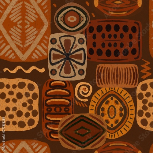 African tribal pattern in earthy tones with hints of orange and brown ethnic motif
