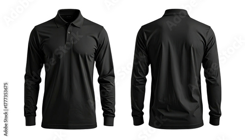 Black long-sleeved polo shirt, front & back view on dark background