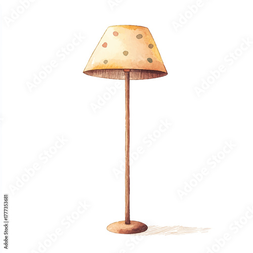 Elegant floor lamp with a patterned lampshade wooden design and warm lighting.