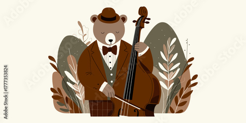 A sophisticated brown bear musician in a classic suit and fedora hat playing a soulful melody on an upright bass