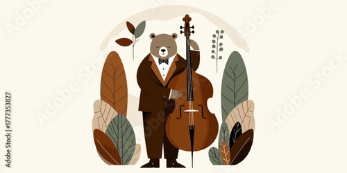 Illustration of a bear playing the bass in nature, capturing music and wildlife themes