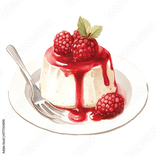 Elegant Panna Cotta Dessert with Raspberry Coulis and Fresh Raspberries.