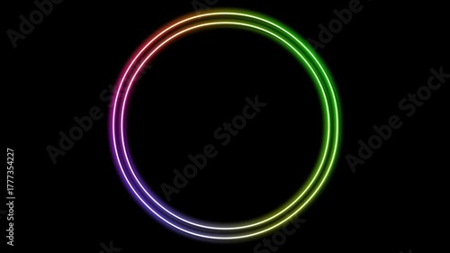 circle frame animation with rainbow neon light on horizontal black screen