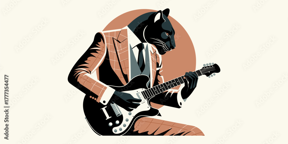 Obraz premium Stylish anthropomorphic black panther in a sharp suit playing an electric guitar, exuding cool jazz and rock vibes with a retro aesthetic and vibrant minimalist illustration