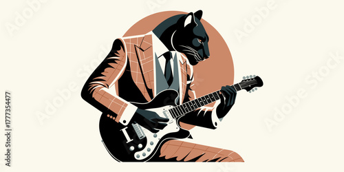Stylish anthropomorphic black panther in a sharp suit playing an electric guitar, exuding cool jazz and rock vibes with a retro aesthetic and vibrant minimalist illustration
