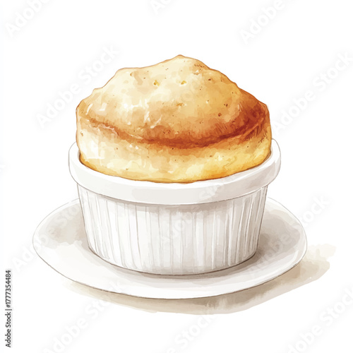 Elegant Souffle Rising in a White Ramekin on a Saucer.