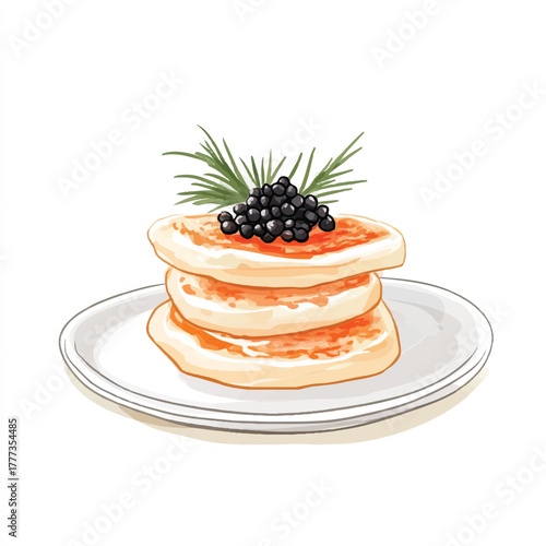 Elegant stack of blinis topped with black caviar and dill.